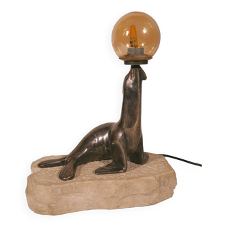 Art Deco "sea lion" lamp in silver-plated bronze
