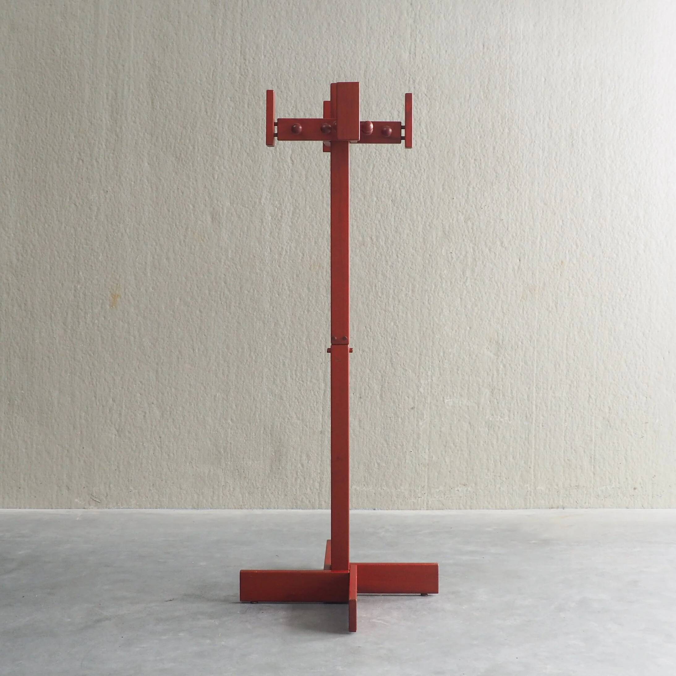 Postmodern red stained pine wood coat hanger