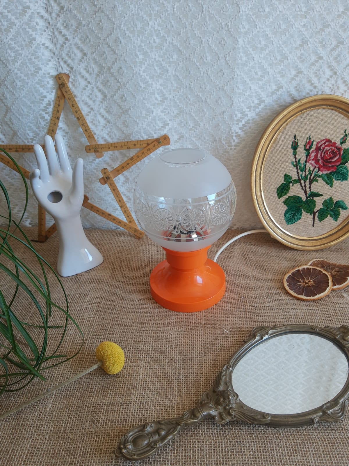 Retro orange table lamp and 70s glass globe