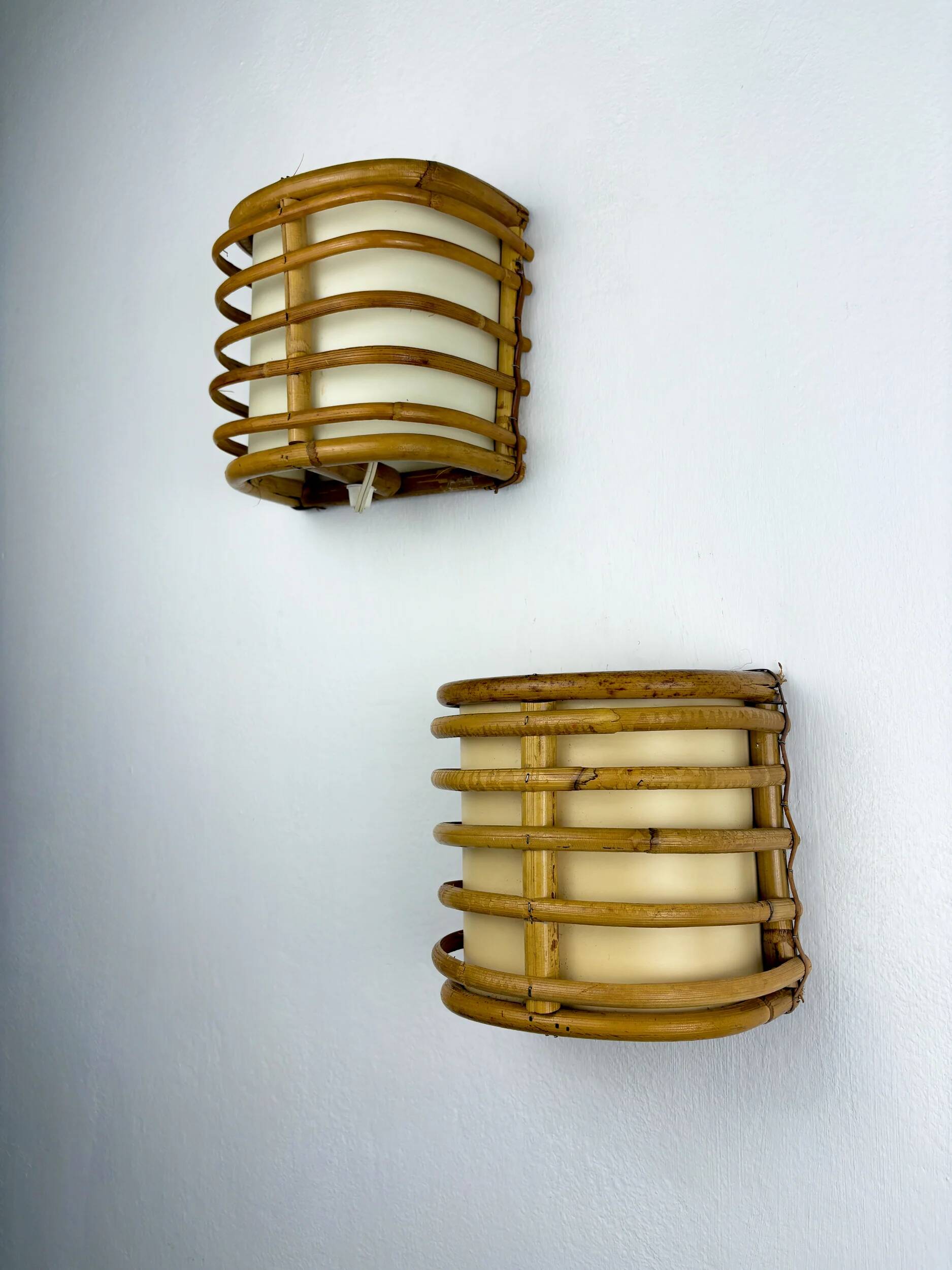 Pair of mid-century rattan wall sconces, 1960s, Italy