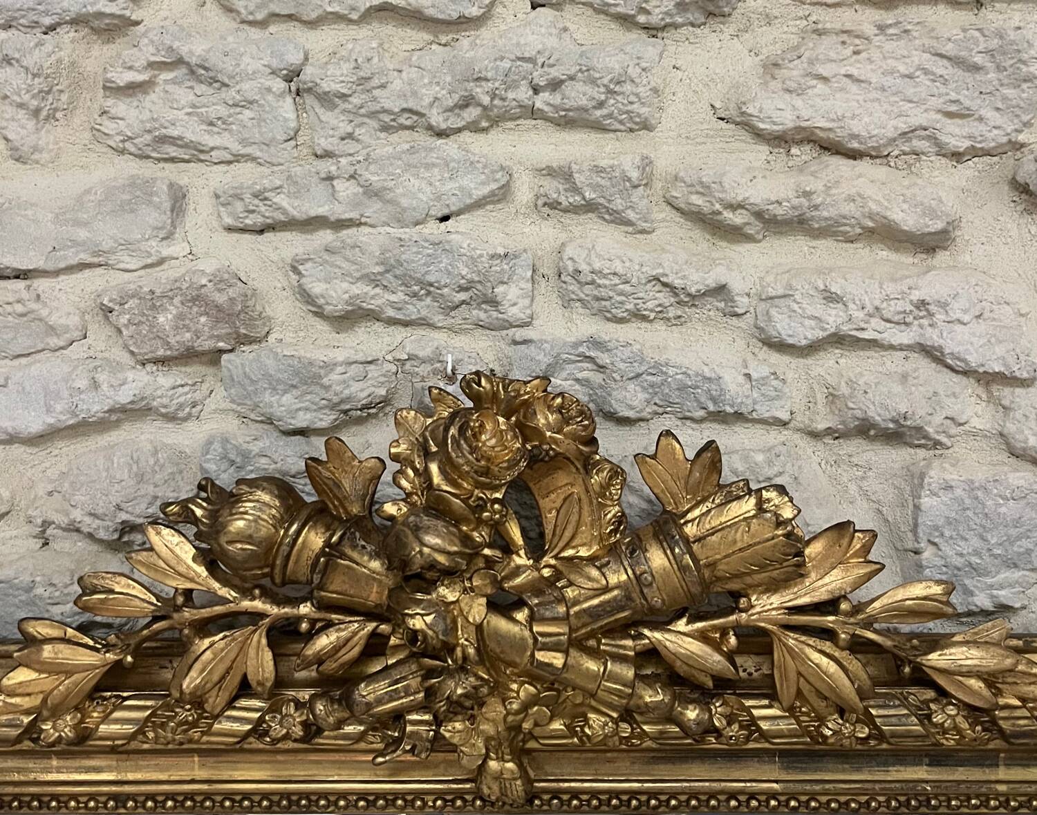 Antique Louis-Philippe fireplace mirror with pediment and beading, 174.5cm