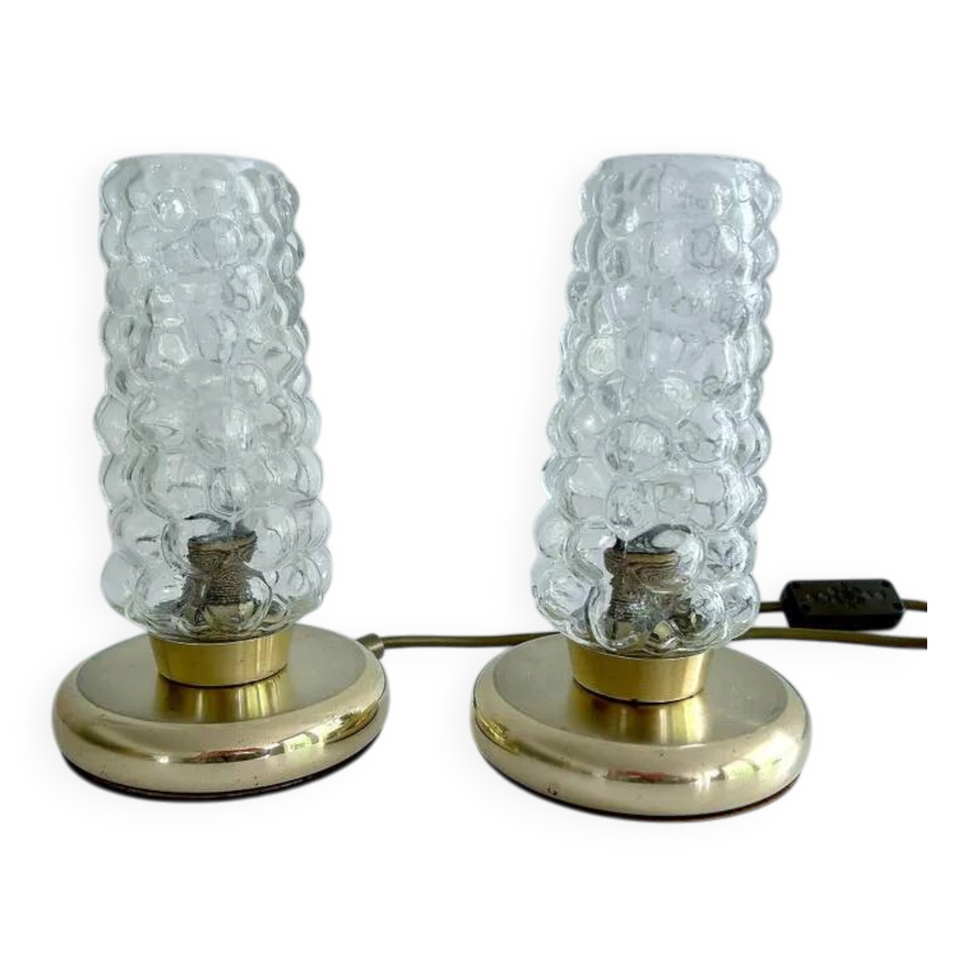 Pair Vintage Bubble Glass Table Lamps, Bedside, Brass