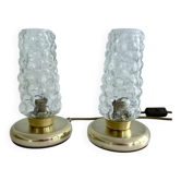 Pair Vintage Bubble Glass Table Lamps, Bedside, Brass