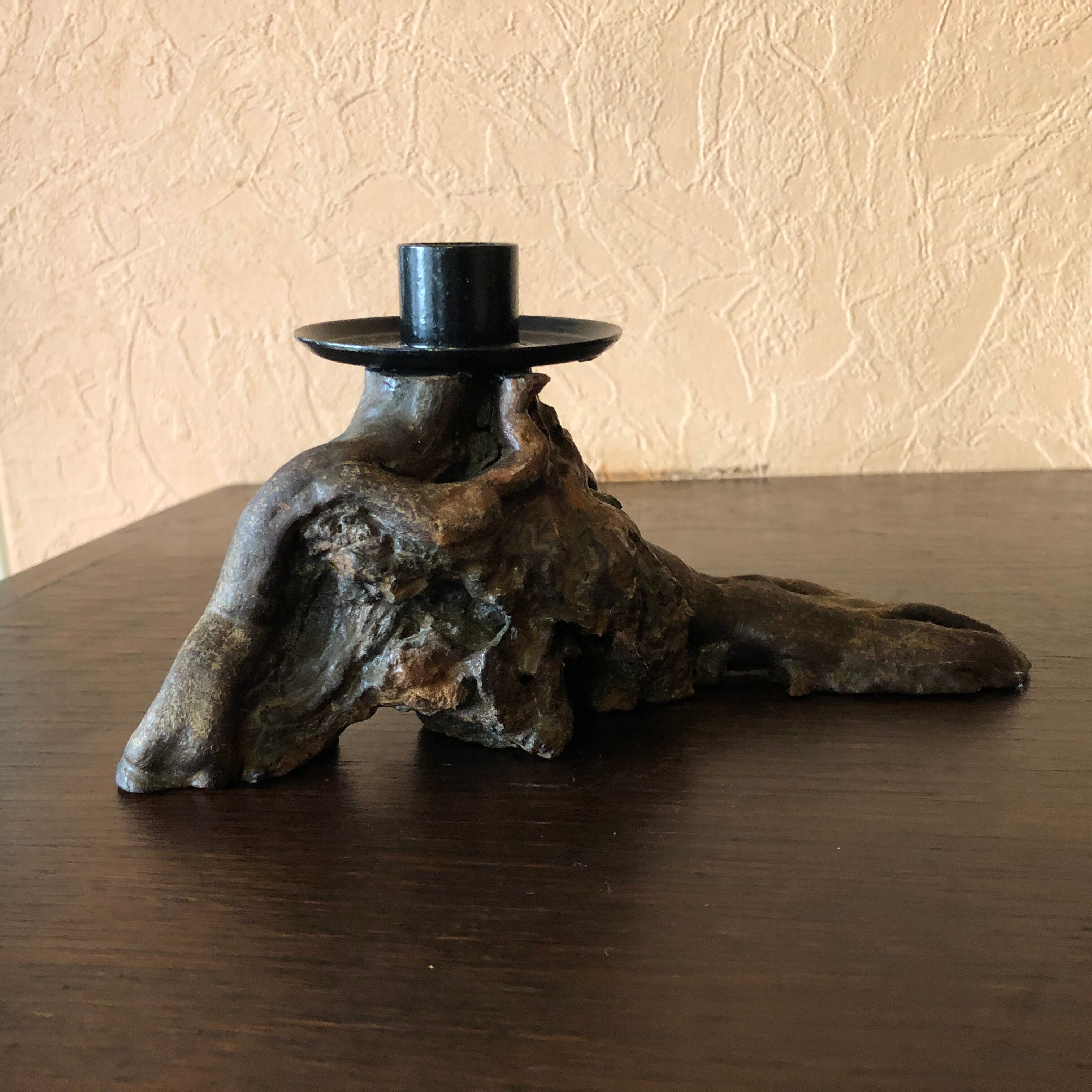 Bougeoir artisanal bois cep de vigne et fer forgé vintage