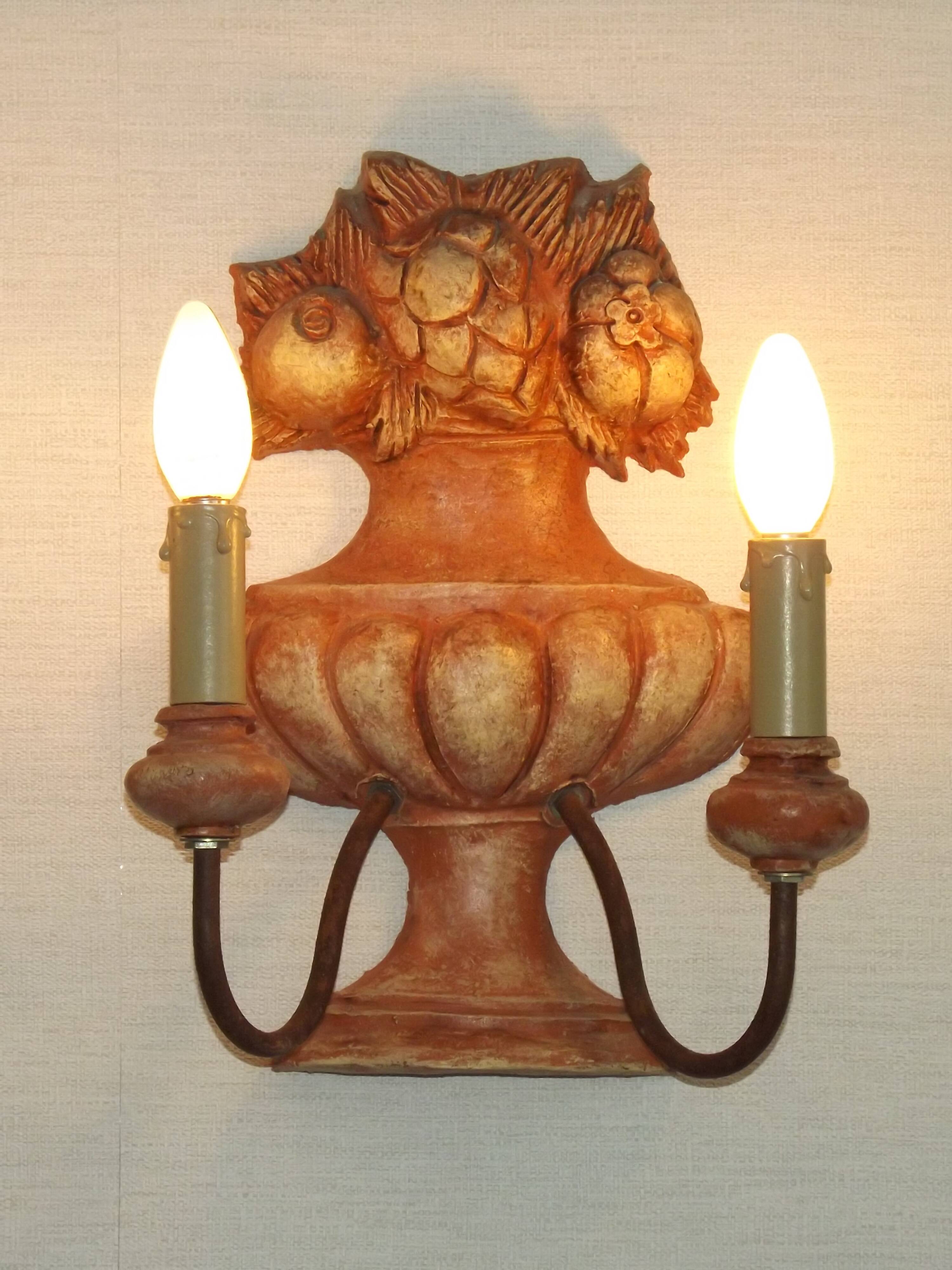 Rare Large Pair of French Terracotta Urn Fruit Basket Double Wall Lights