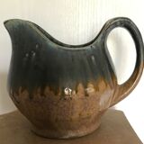 Vintage pitcher in glazed stoneware with bluish drip effect signed and numbered