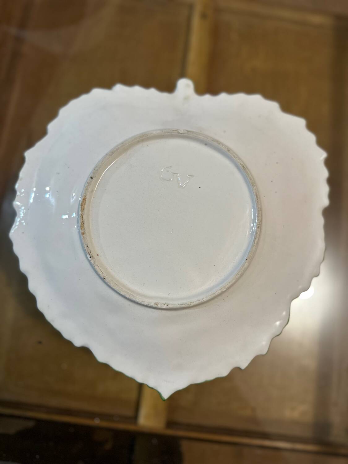 Vintage Signed GV Ceramic Barbotine Cabbage Leaf