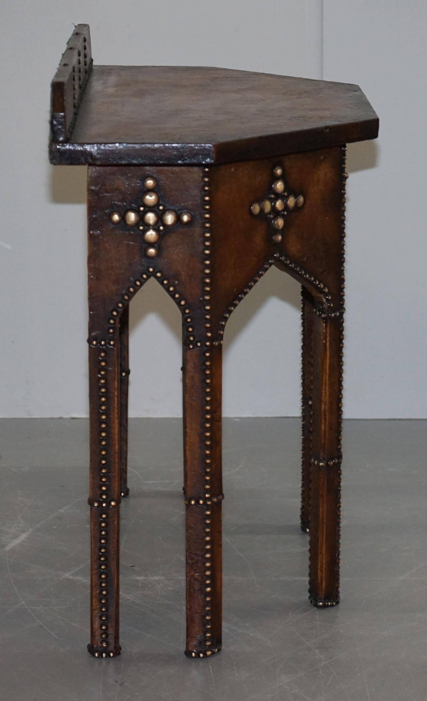 Antique Leather Studded Console Table in Gothic Pugin Style Restored