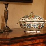 Antique French Faience Lidded Bowl Tureen Hand Painted with Flowers and Insects