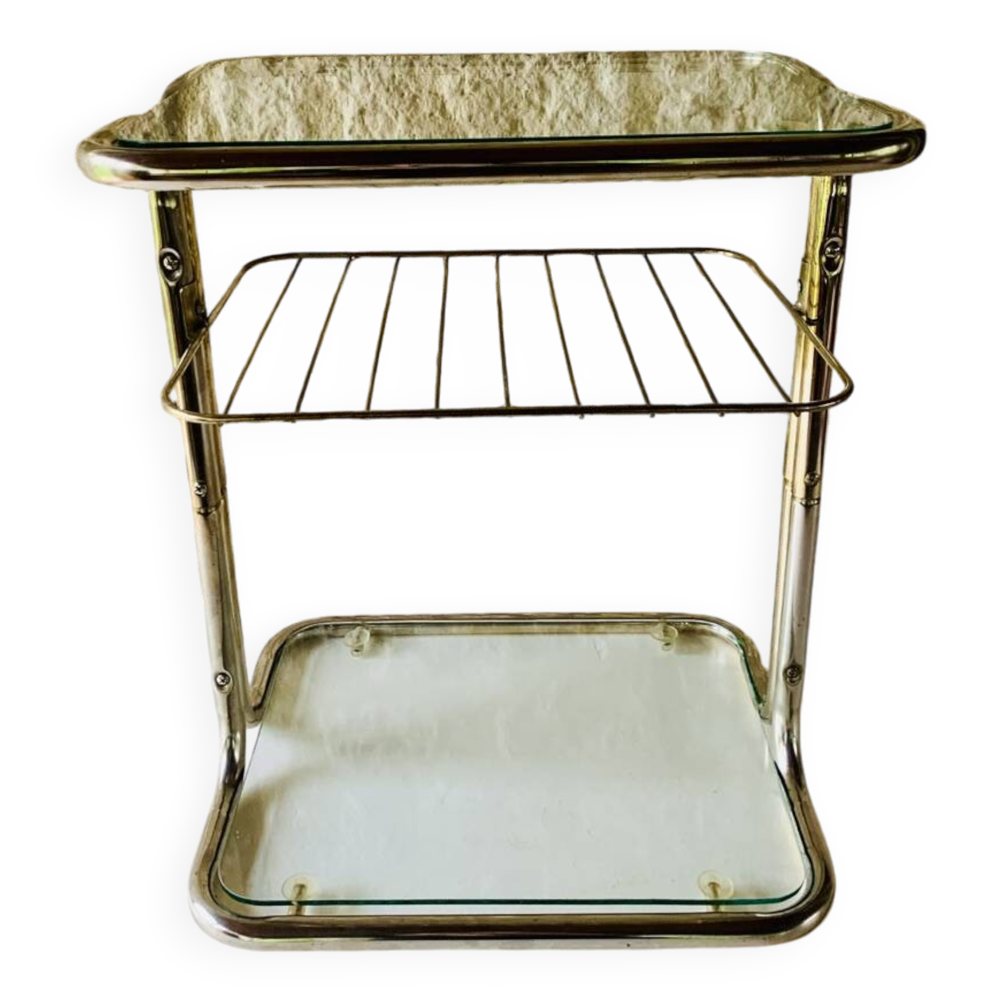 Glass and brass side table with magazine rack, circa 1970's