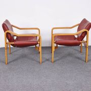 Vintage, Leather and Plywood Andy Armchairs by Janos Bodnar, Hungary, 1977, Set of 2