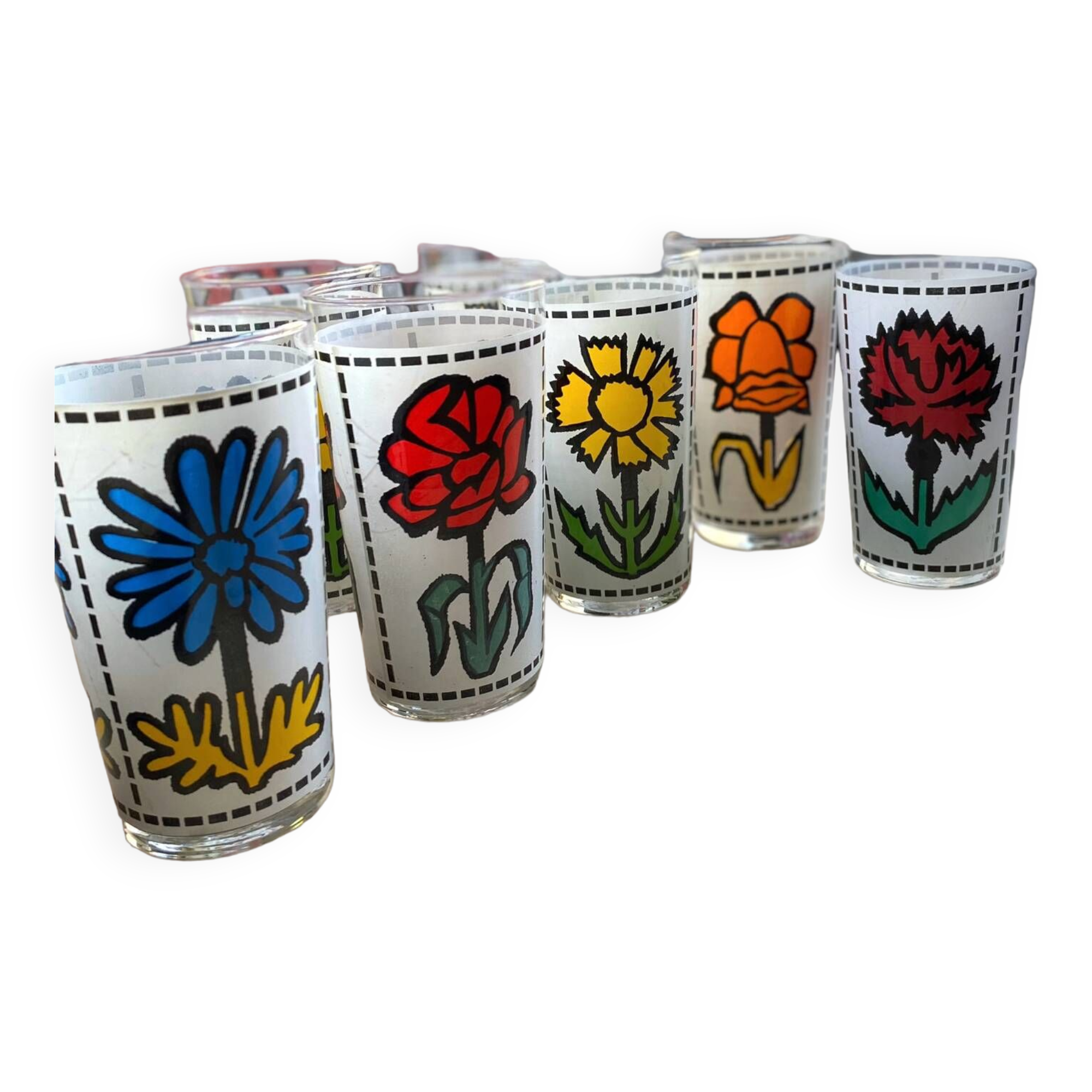 Set of 7 vintage enameled and screen-printed glasses 60/70