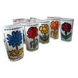 Set of 7 vintage enameled and screen-printed glasses 60/70