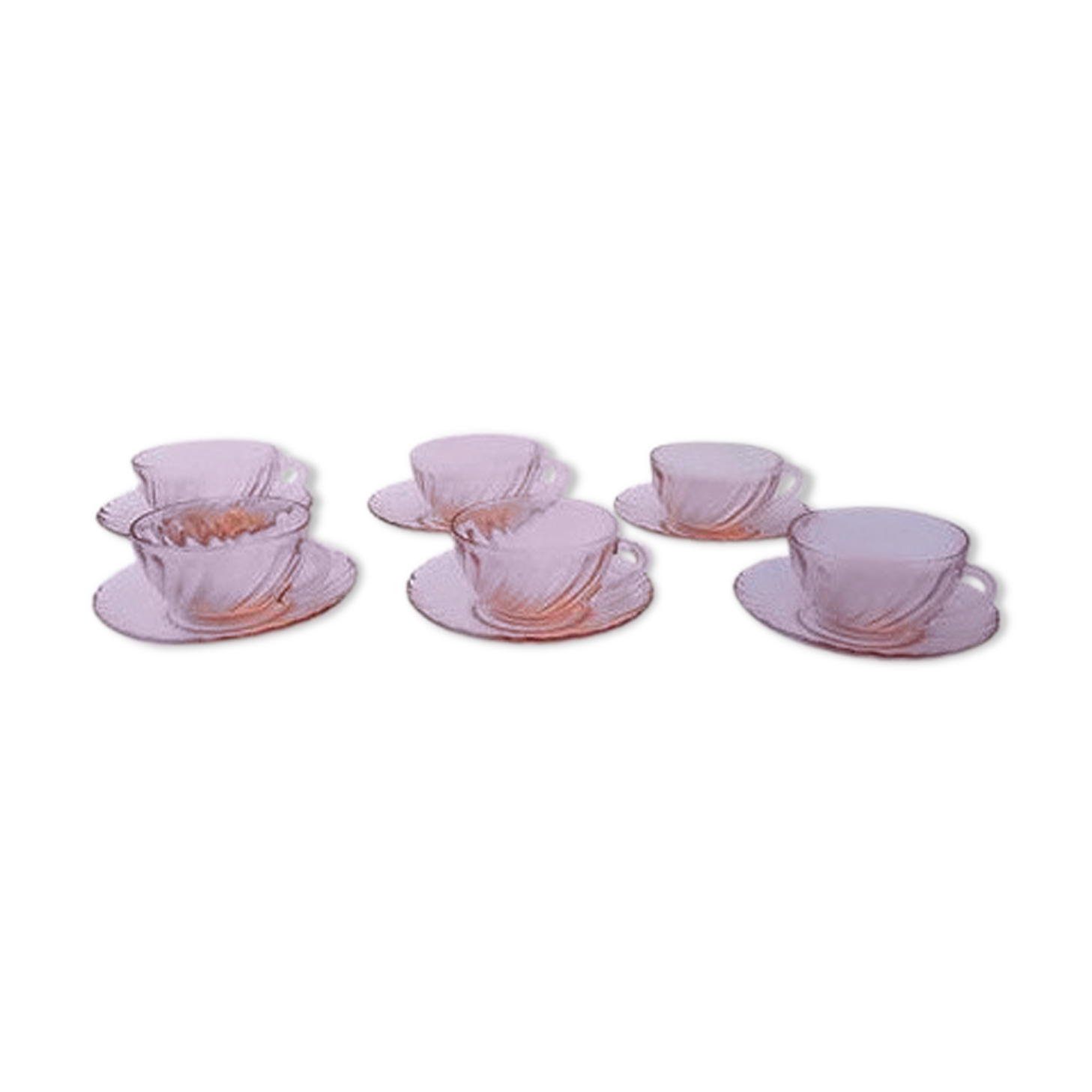 6 cups and saucers in pink glass, 60s