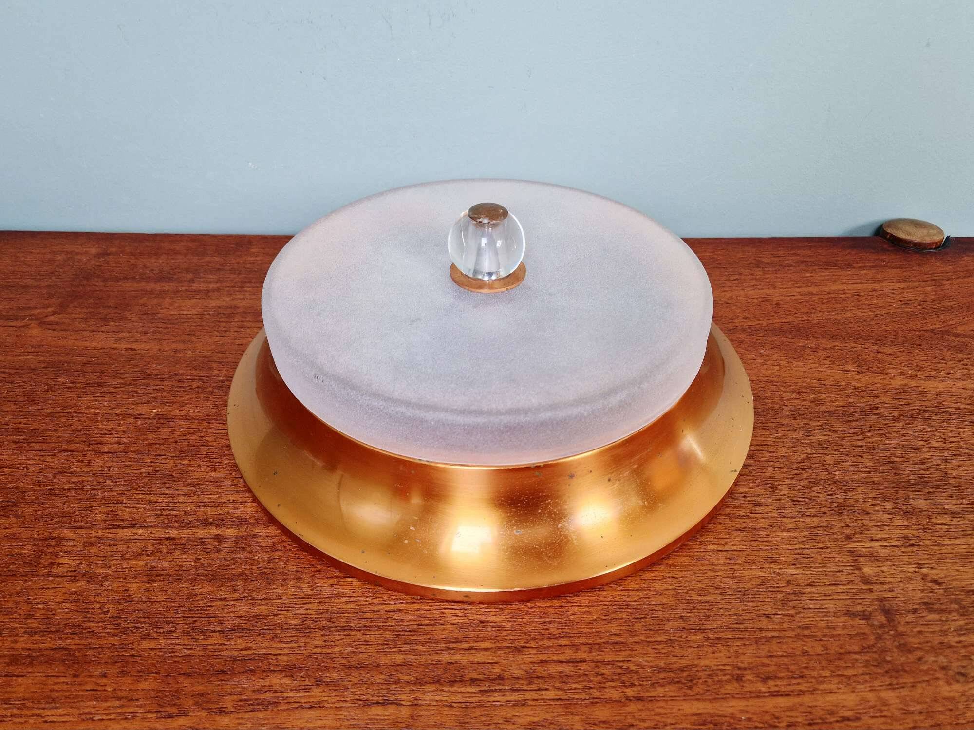 Plafonnier Art Déco en cuivre et verre dépoli, 1930