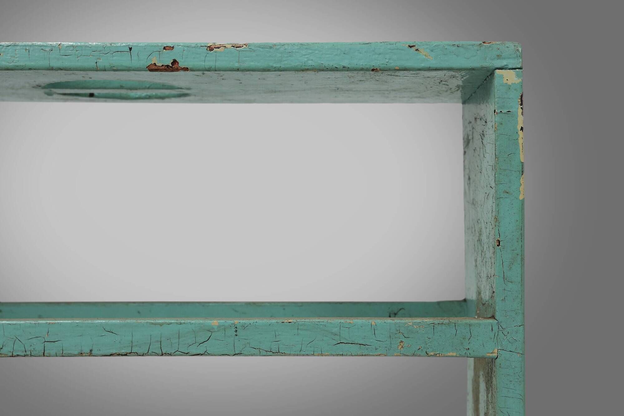 Industrial small mint-colored rack or bookcase with 4 shelves and beautiful patina, Belgium, 1920s