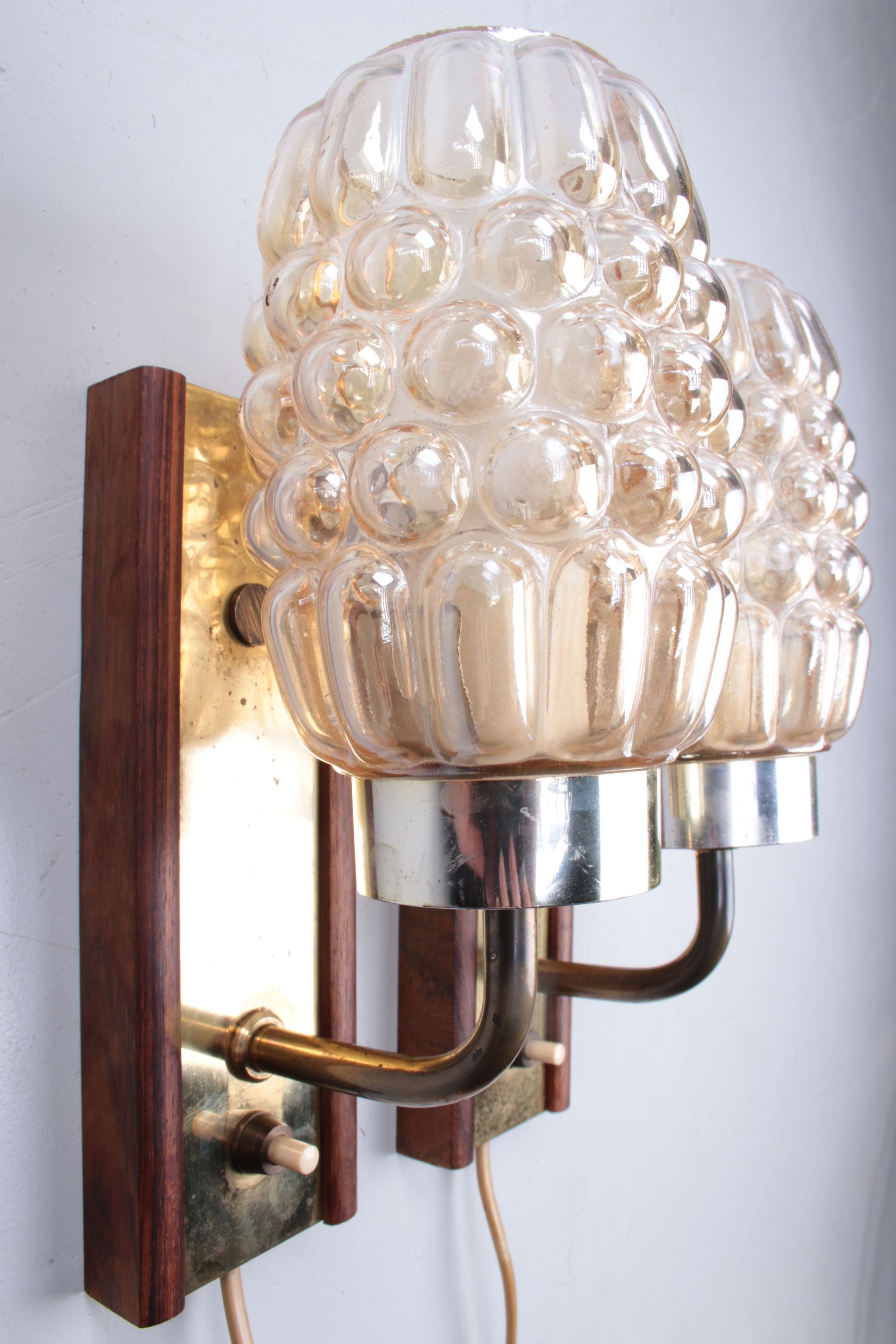 Set Wall lamps Danish teak with brass and glass.