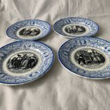 4 assiettes à dessert anciennes bleues et noires Jules Vieillard Bordeaux XIXème siècle