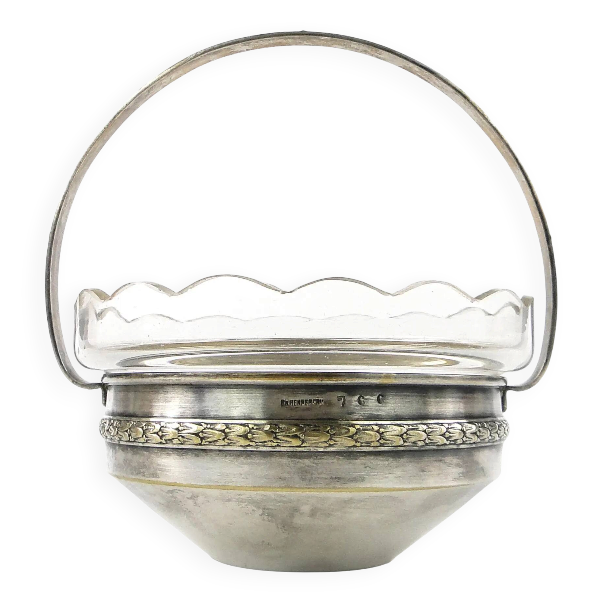 Basket sugar bowl Eclecticism, silver-plated brass, crystal, Poland, 1930s.