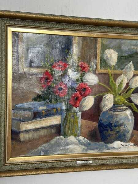 Original early century Swedish oil on canvas – "Tulips and Poppies" by Johan Jacobsson – vintage & framed 68 × 80 cm (26.8" × 31.5")