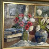 Original early century Swedish oil on canvas – "Tulips and Poppies" by Johan Jacobsson – vintage & framed 68 × 80 cm (26.8" × 31.5")