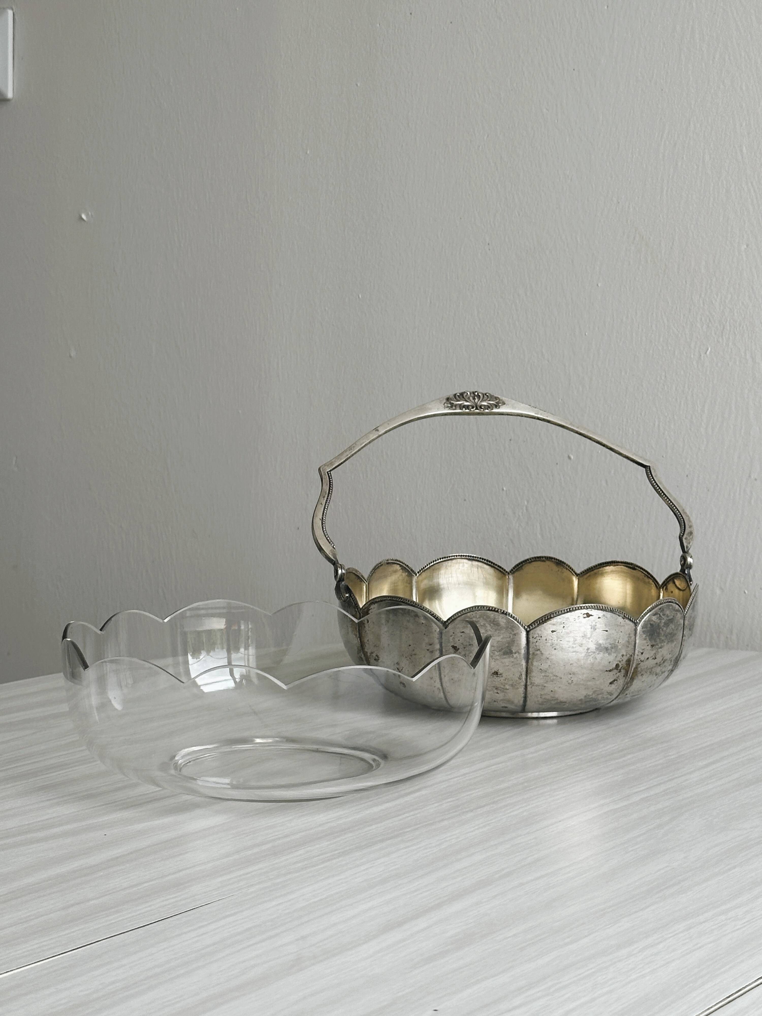 Antique glass and silver-plated metal dish