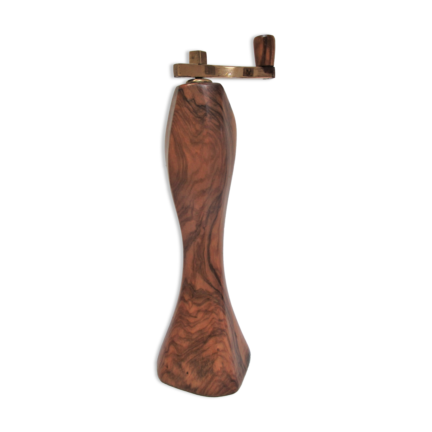 Sculptural pepper mill olive wood and brass vintage design