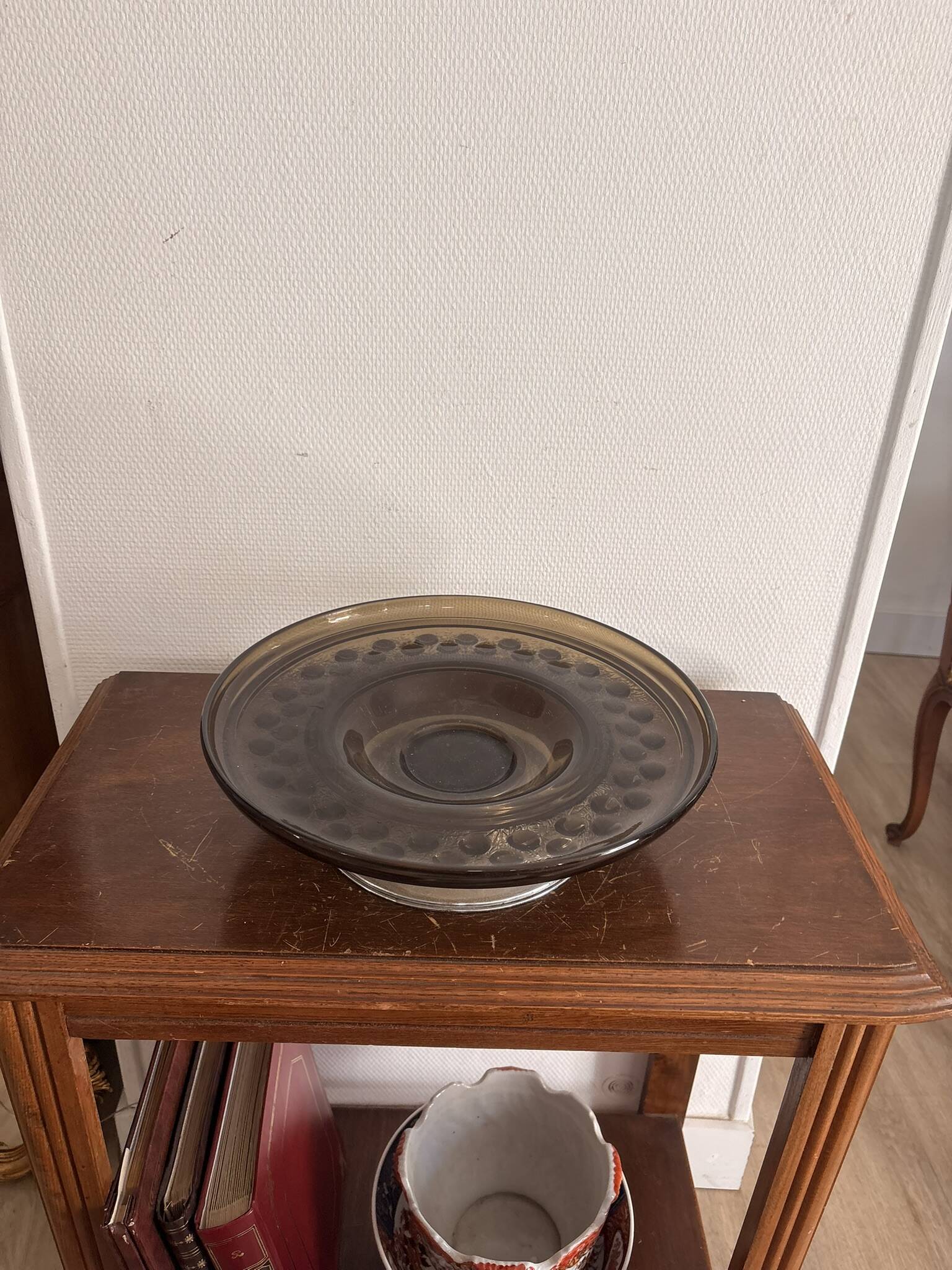 70s Pressed Glass Smoke Fruit Bowl Coupe Stand Space Age
