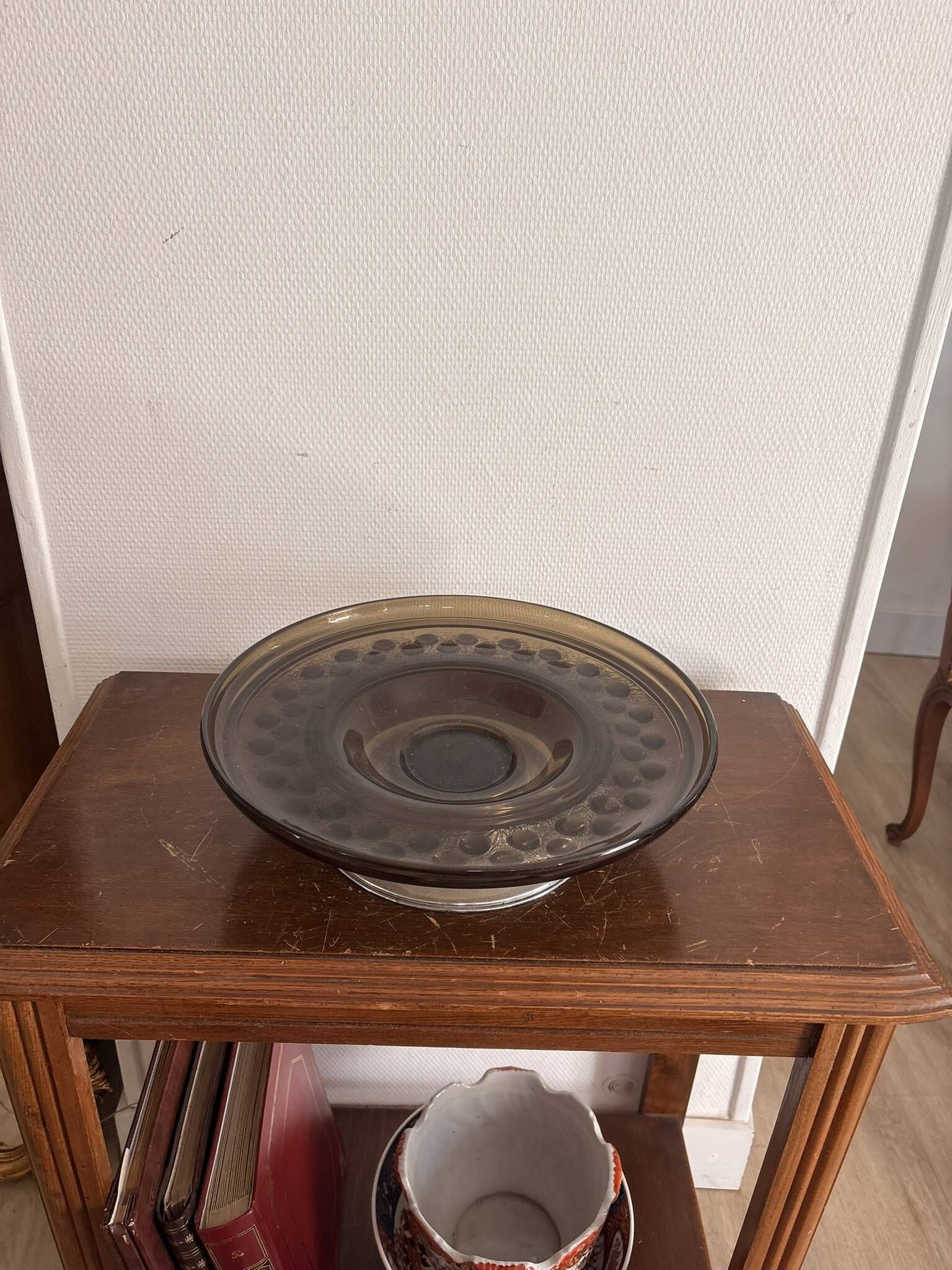 70s Pressed Glass Smoke Fruit Bowl Coupe Stand Space Age