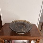 70s Pressed Glass Smoke Fruit Bowl Coupe Stand Space Age