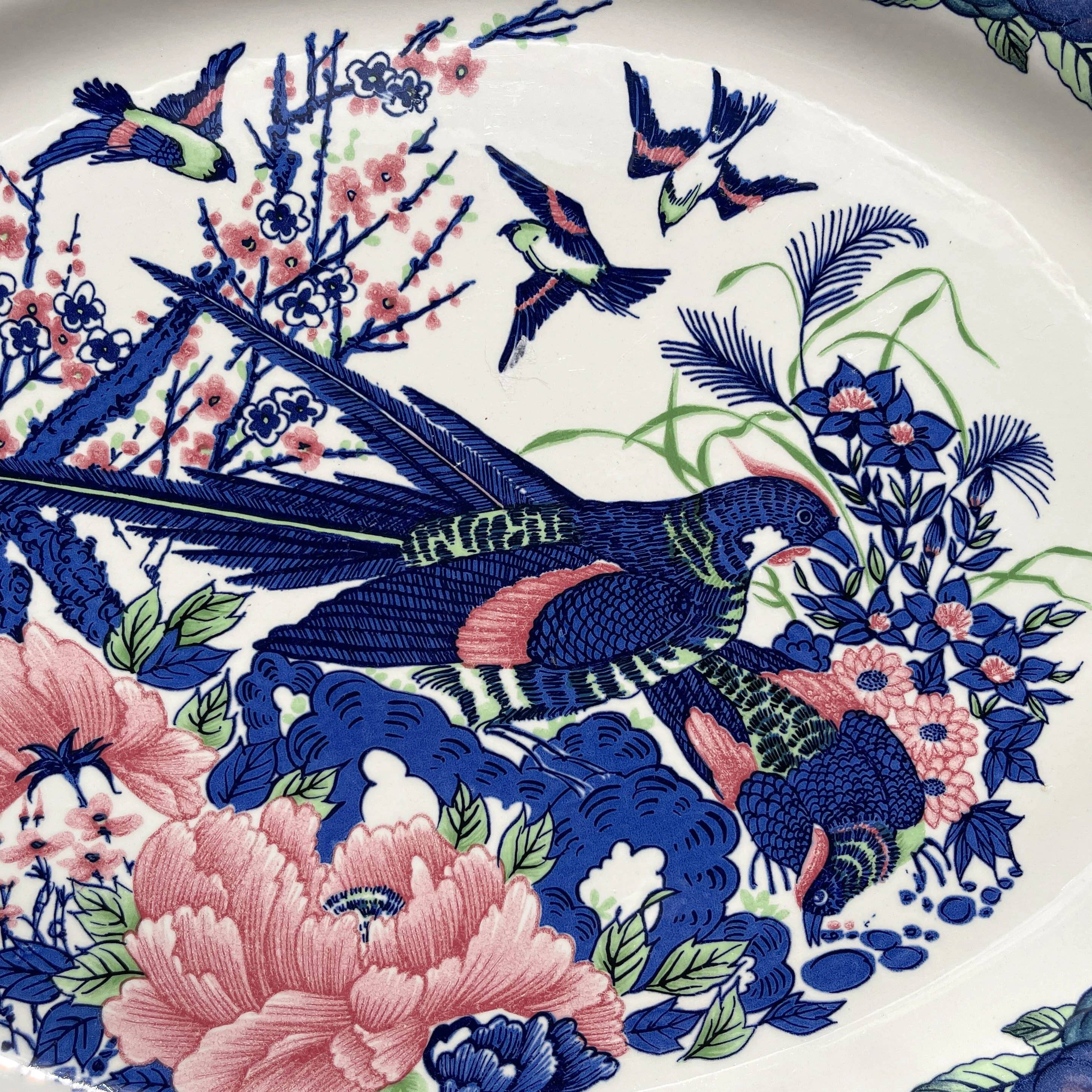 Large antique oval platter in Italian Stoviglierie earthenware – blue, green, and pink bird and flower motif