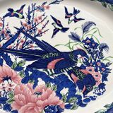 Large antique oval platter in Italian Stoviglierie earthenware – blue, green, and pink bird and flower motif