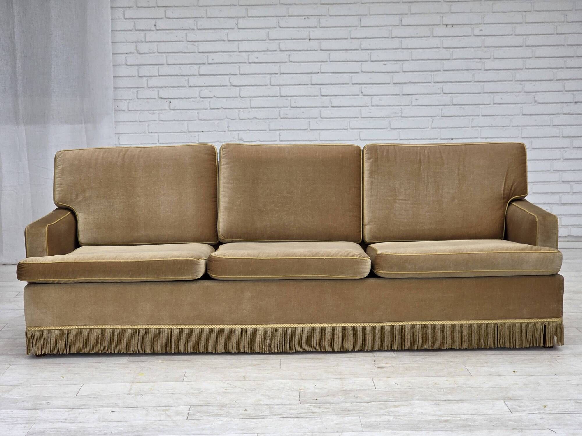 1970s, Danish 3-seater sofa, honey yellow furniture velour.