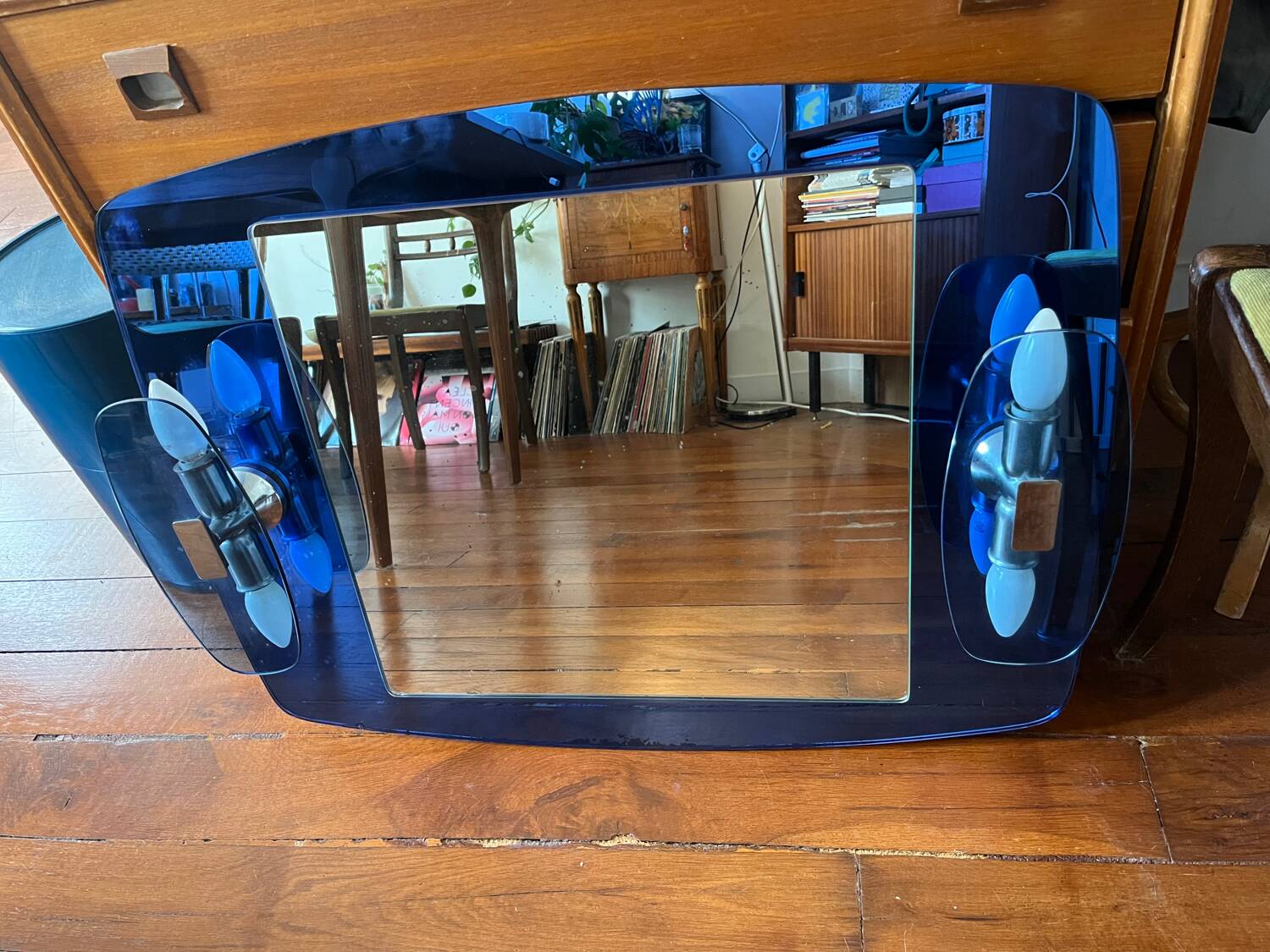 Vintage blue mirror – Space Age / Veca / Fontana Arte style