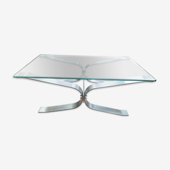 Table basse vintage en acier brossé et plateau verre épais - design italien