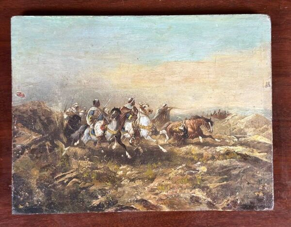 Scène de bataille orientaliste, huile sur panneau dans le goût de Georges Washington