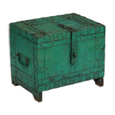 Coffre ancien vert metal et bois vieux teck piece et patine d'origine inde