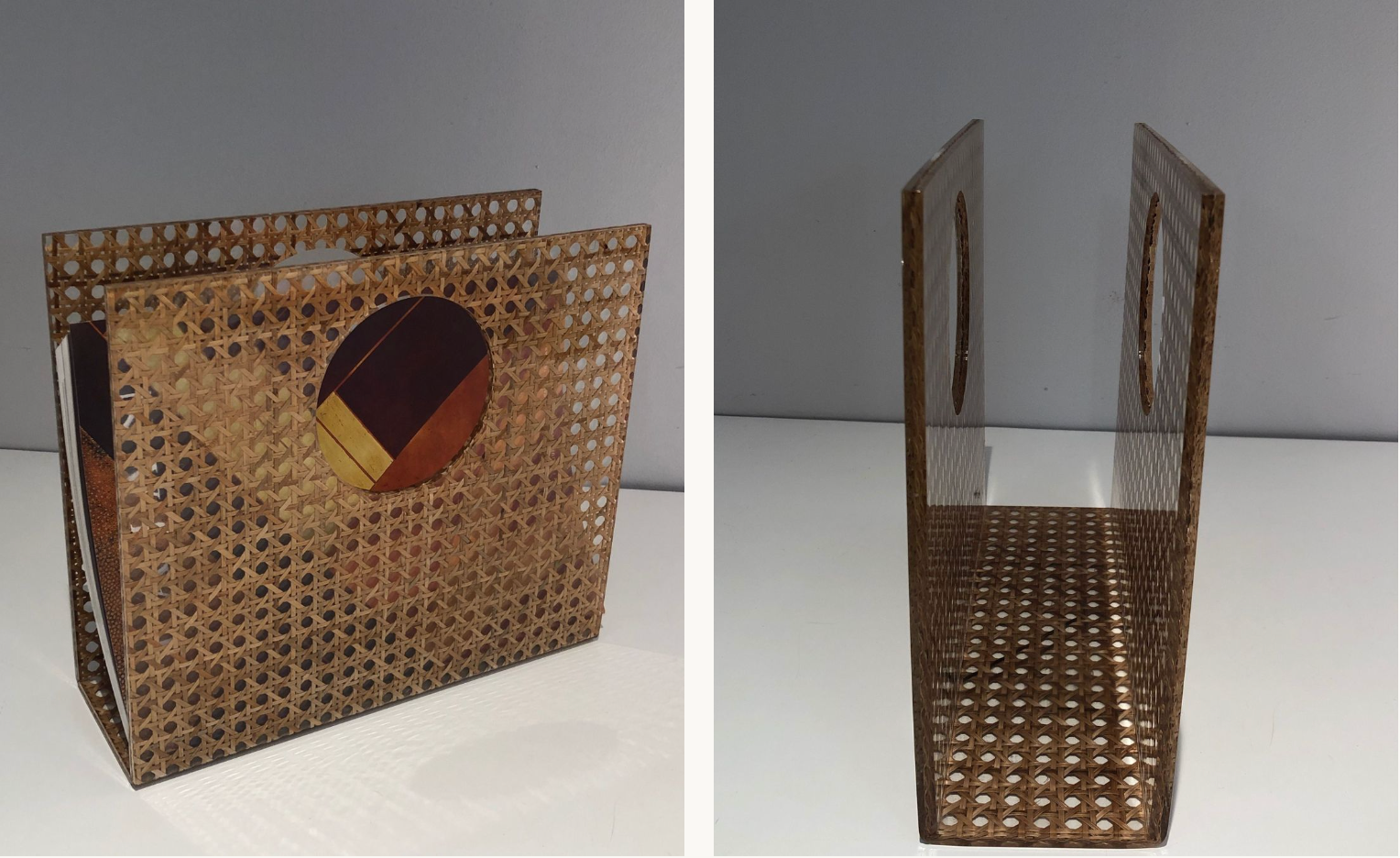 Acrylic magazine rack with inlaid cane.