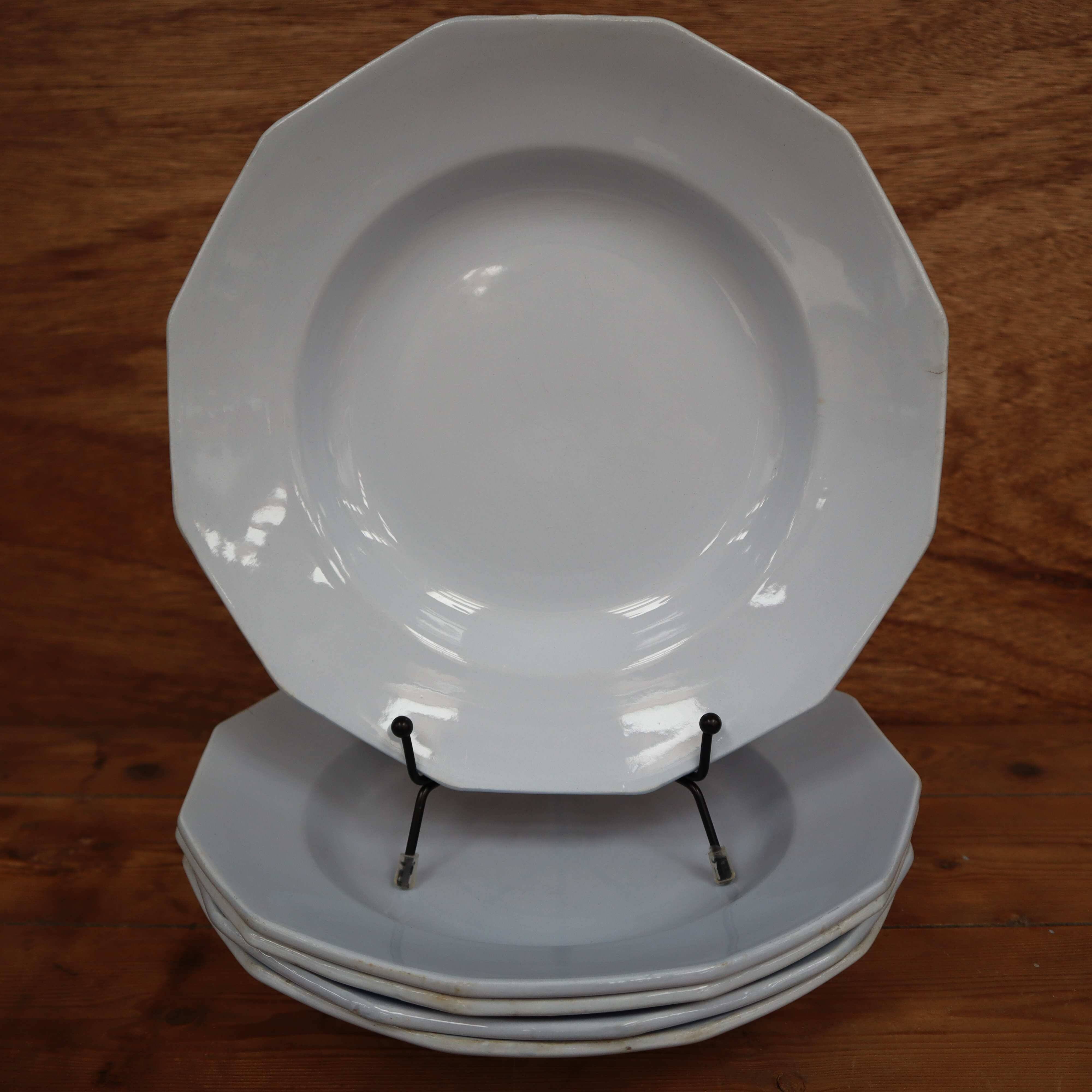 5 octagonal deep earthenware plates Moulin des loups pale blue color