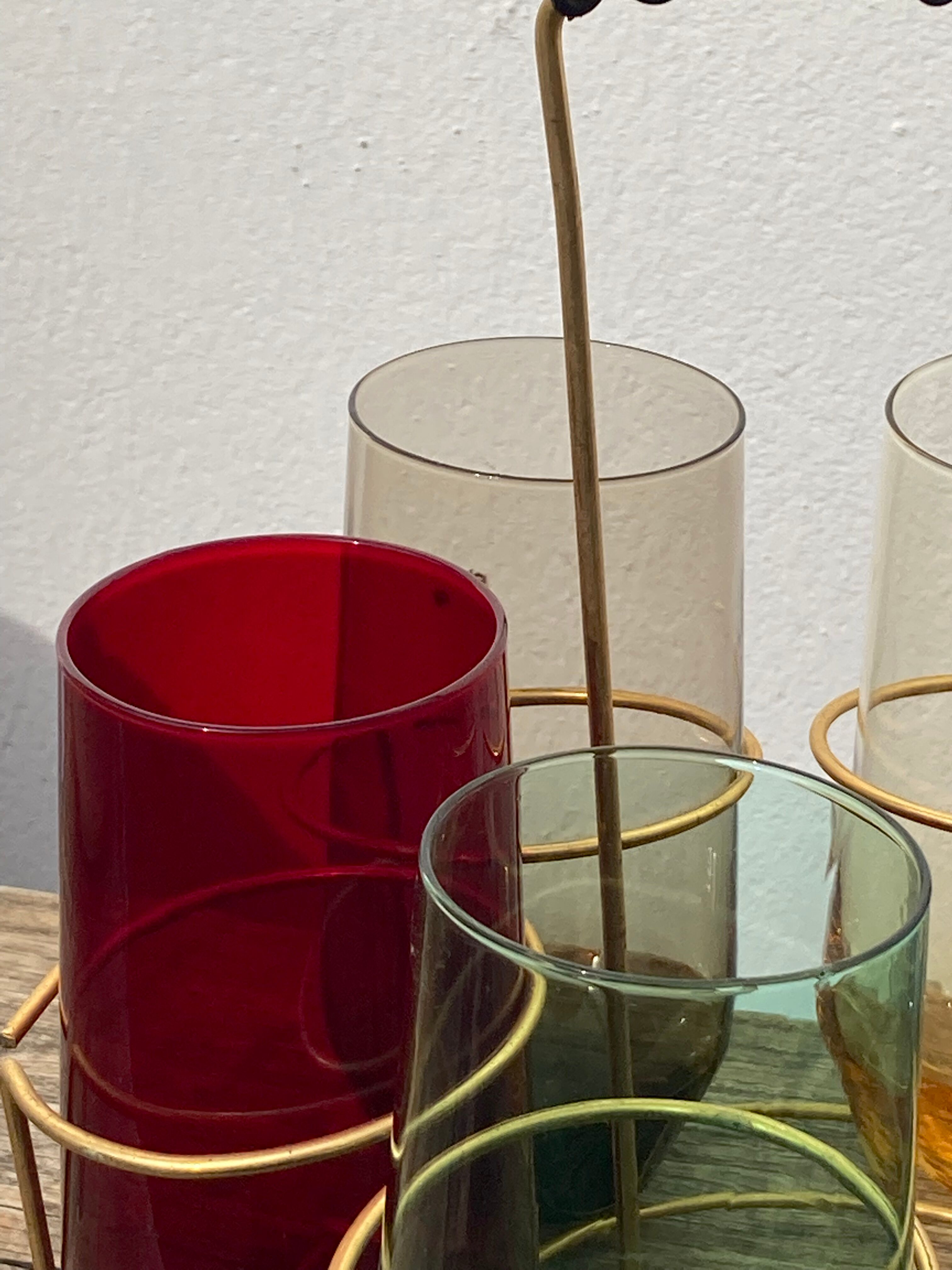 Crystal coloured water glasses in gilded metal glass holders 1970