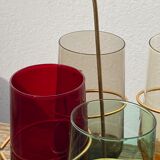 Crystal coloured water glasses in gilded metal glass holders 1970