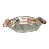 Art deco, Hexagonal cut silver metal socket wood 1930