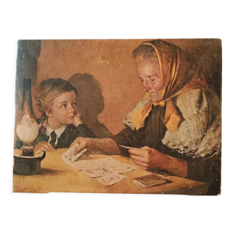 Reproduction d'un tableau la dame qui montre les cartes une petite fille signé