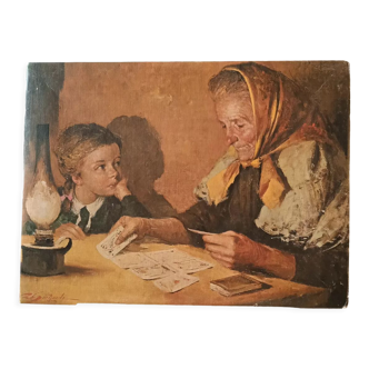 Reproduction of a painting the lady who shows the cards a little girl signed