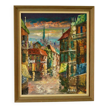 Original Swedish oil on canvas from the mid-century "French Street Scene" Vintage &