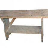 Small brown country bench in solid pine, from the period 1890-1919, rustic style.
