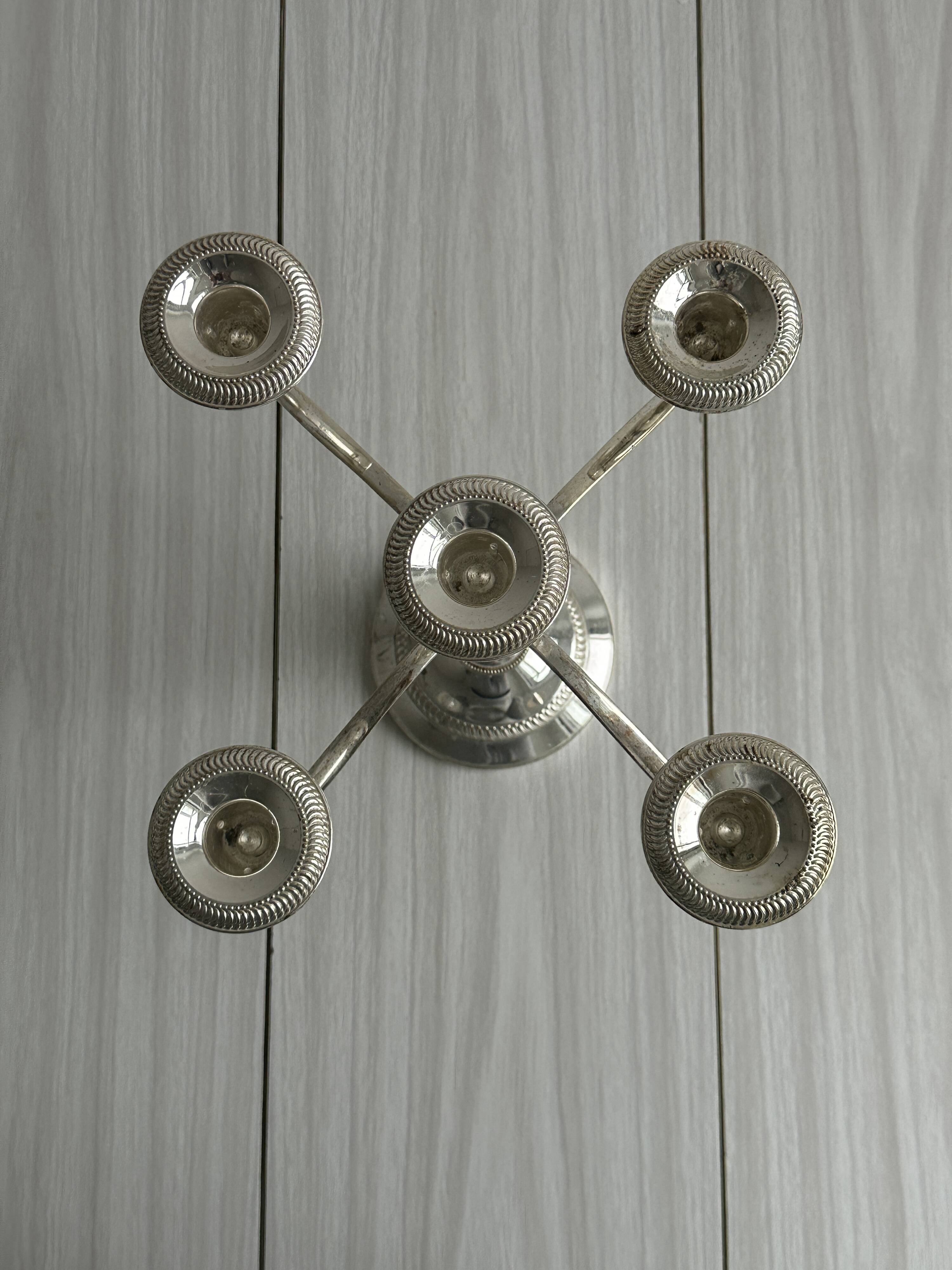 large five-branch silver-plated metal candlestick