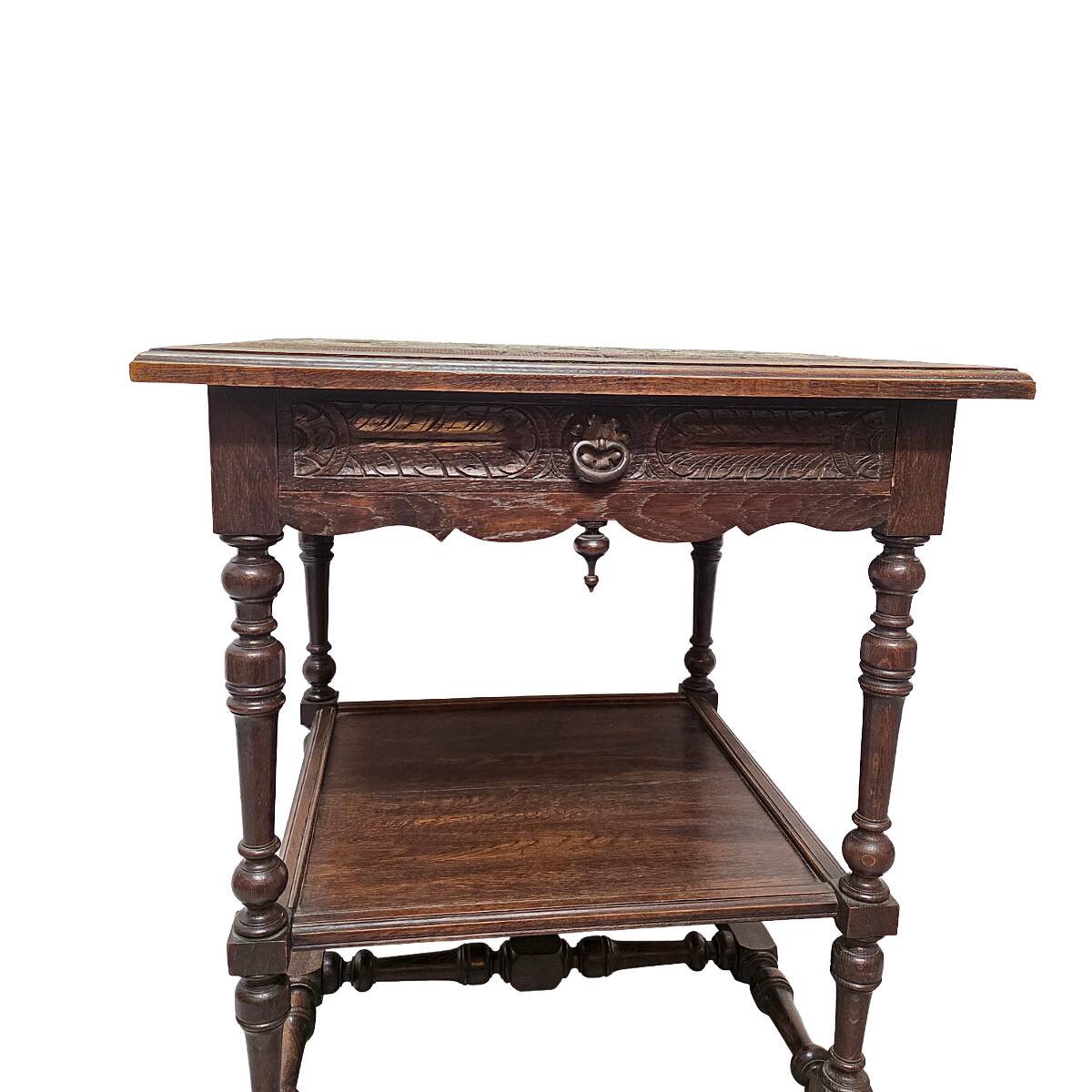 Antique French oak Side Table With Embroidered Top, late 1800s