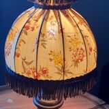 bedside lamp turned wood, lampshade dome ecru flowers and brown, rustic & romantic, 50s