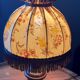 Lampe de chevet bois tourné abat jour dôme écru fleurs et marron, rustique & romantique, années 50